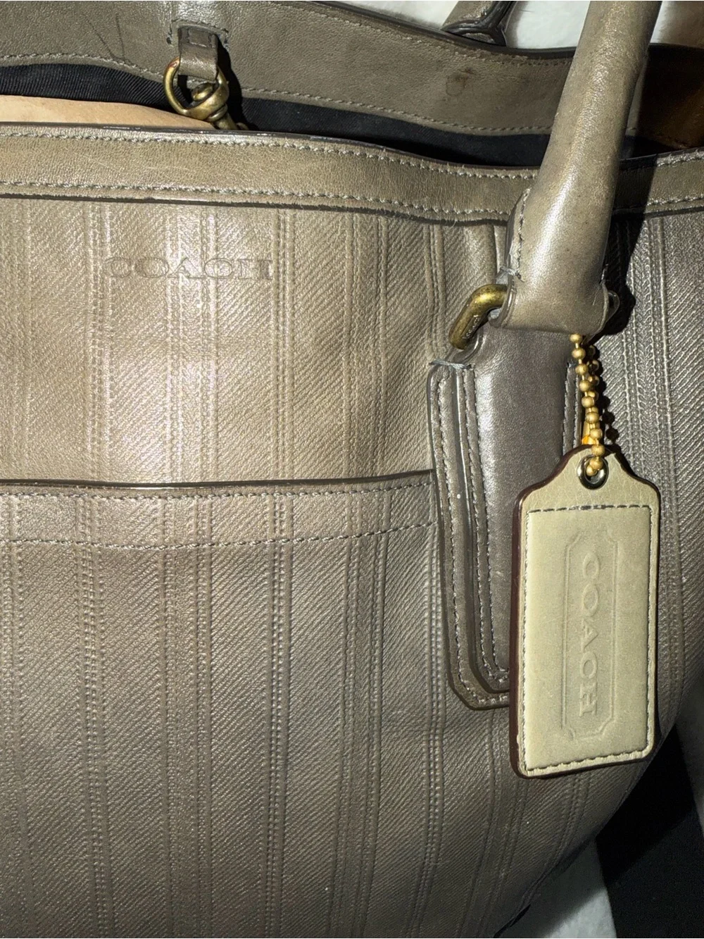 Coach 70th Anniversary Harrison Striped Leather Convertible Tote Bag Grey